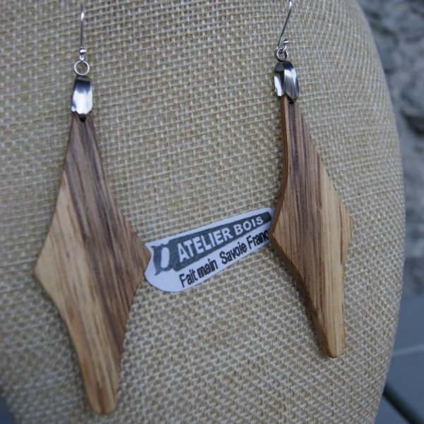 boucle d'oreille grand losange en bois de ch&ecirc;ne bijoux &eacute;thique en bois, bijou nature cir&eacute;, fait main