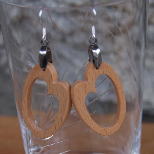 brinco em madeira de faia oval, j&oacute;ia de madeira feita &agrave; m&atilde;o, forma geom&eacute;trica