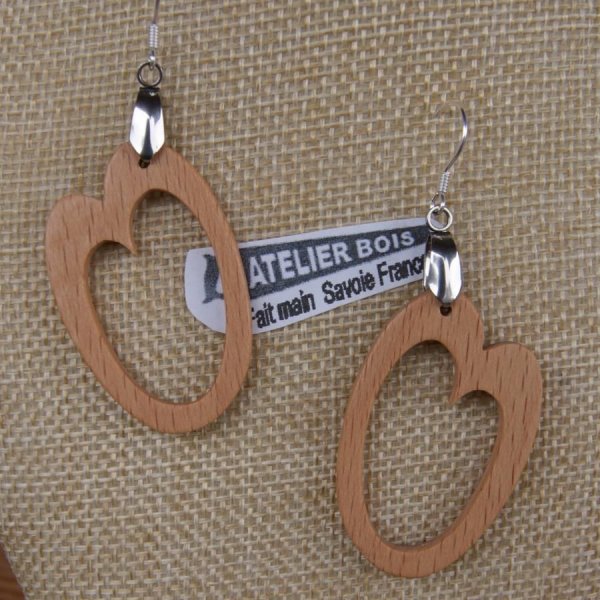 brinco em madeira de faia oval, j&oacute;ia de madeira feita &agrave; m&atilde;o, forma geom&eacute;trica