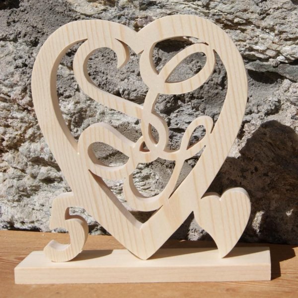 Coeur noce de bois, 5 ans de mariage, initiales personnalis&eacute;es, id&eacute;e cadeau noces de bois