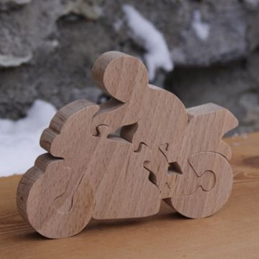 puzzle de motociclista e motociclista 5 peças em madeira de faia feita à mão