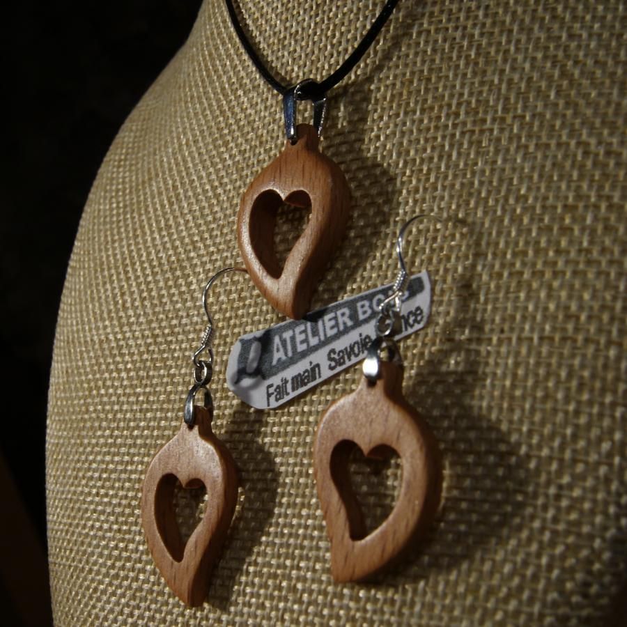 Conjunto de coração de faia, brincos e pendente, ideia de presente de casamento em madeira, dia de São Valentim, feito à mão