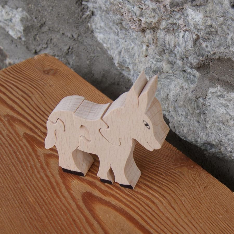 Burro de puzzle de madeira 4 peças em Hetre maciço feito à mão, animais da quinta