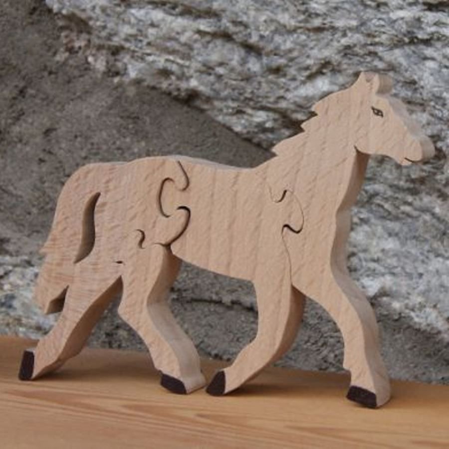 Puzzle de madeira de quebra-cabeças de 4 peças de madeira maciça feita à mão a cavalo, animais de quinta