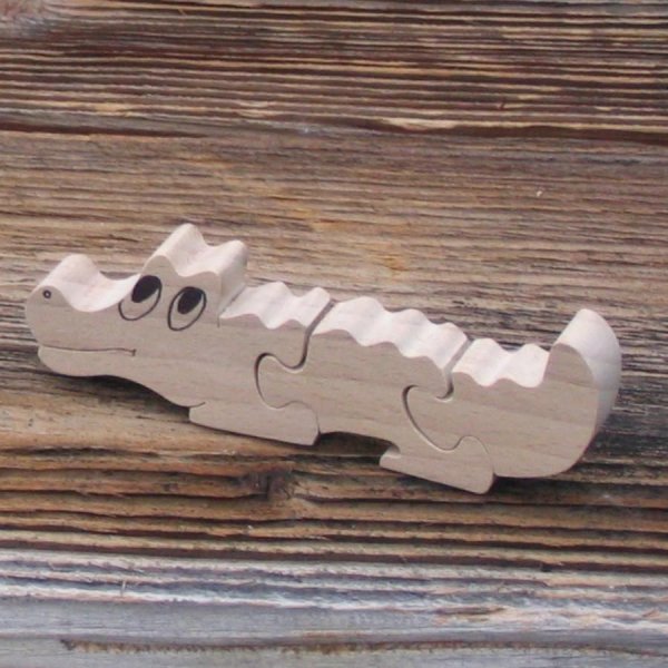 Puzzle de madeira de puzzle de 3 pe&ccedil;as de faia de crocodilo, corte manual, animais