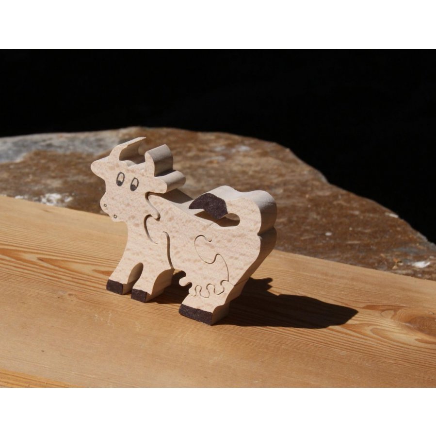 Puzzle de madeira de quebra-cabeças de 4 peças de vaca de faia maciça, feita à mão, animais de quinta