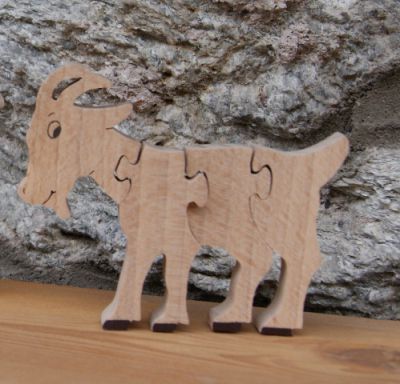 Puzzle de 4 peças de puzzle de madeira maciça de cabra Hetre feito à mão, animais da quinta