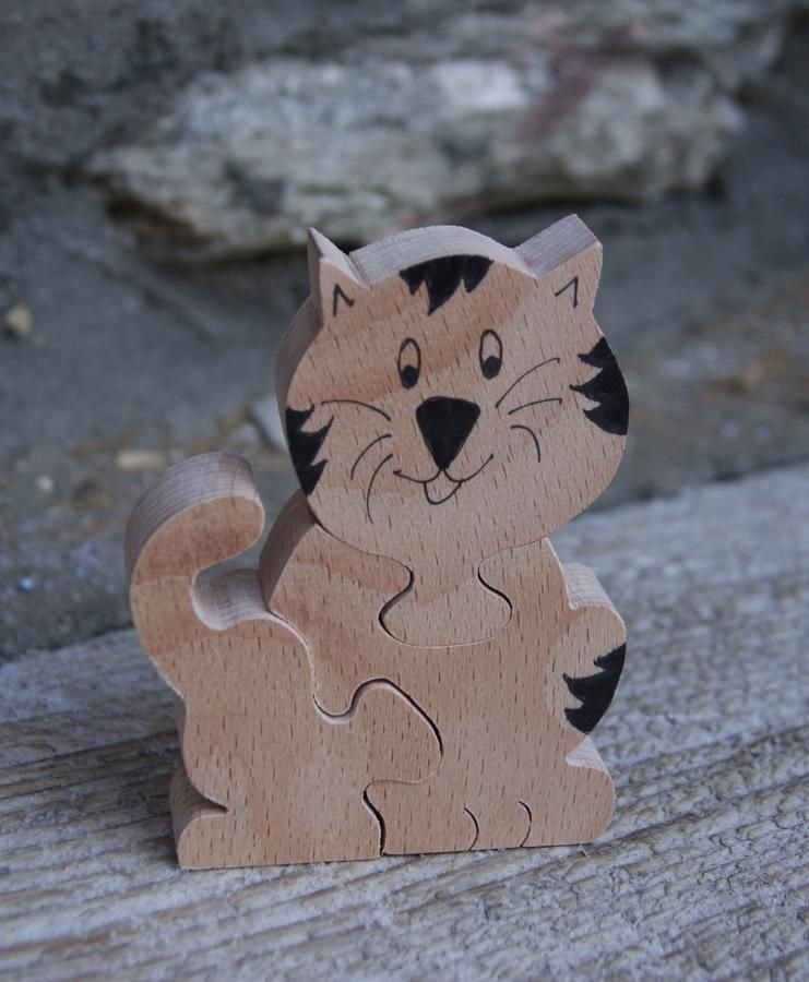 Puzzle de madeira 3 peças gato, Hetre gatinho, feito à mão